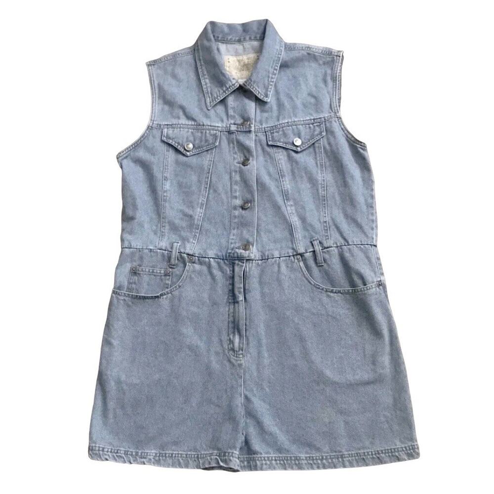 Sostanza Womens Large Vintage Denim Romper Sleeveless Blue Jean Collared Cotton